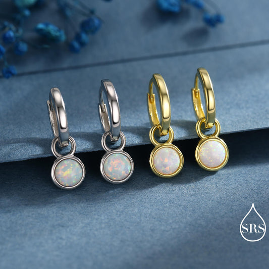 Sterling Silver Dangling White Opal Hoop Earrings, Detachable Fire Opal Charm Dangle Hoop Earrings, Silver or Gold, Interchangeable