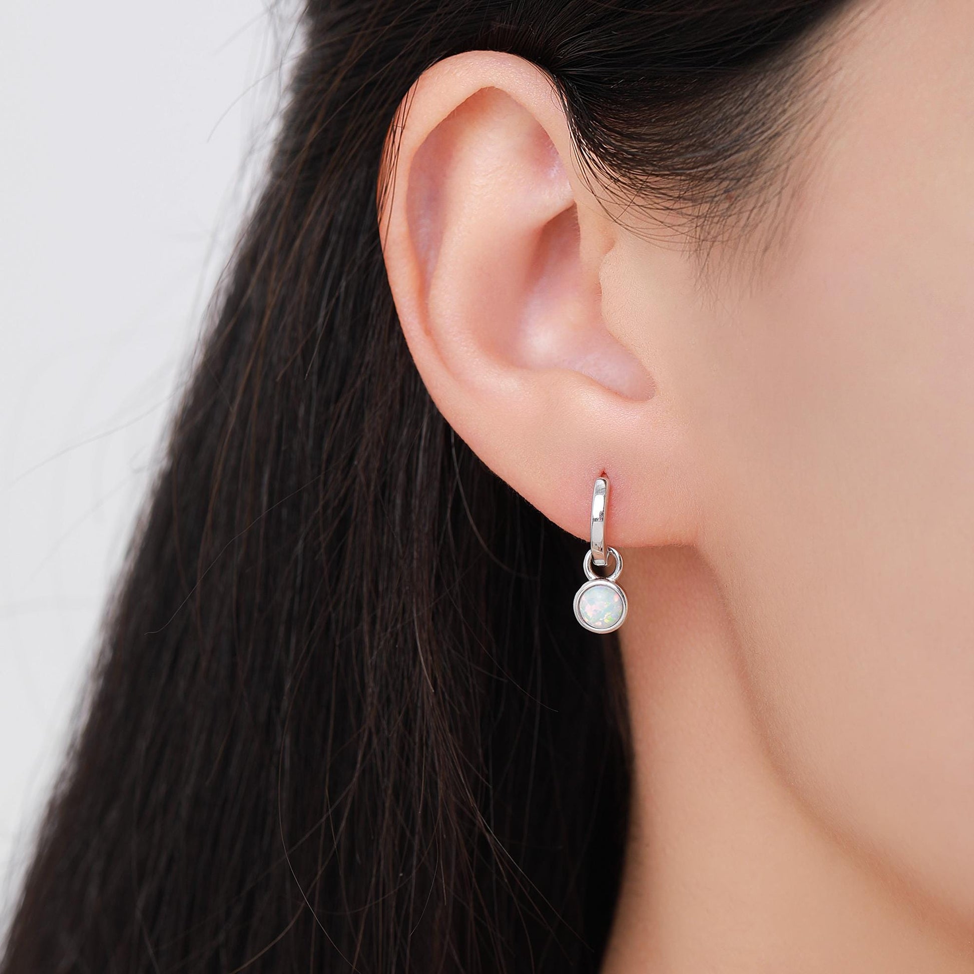 Sterling Silver Dangling White Opal Hoop Earrings, Detachable Fire Opal Charm Dangle Hoop Earrings, Silver or Gold, Interchangeable