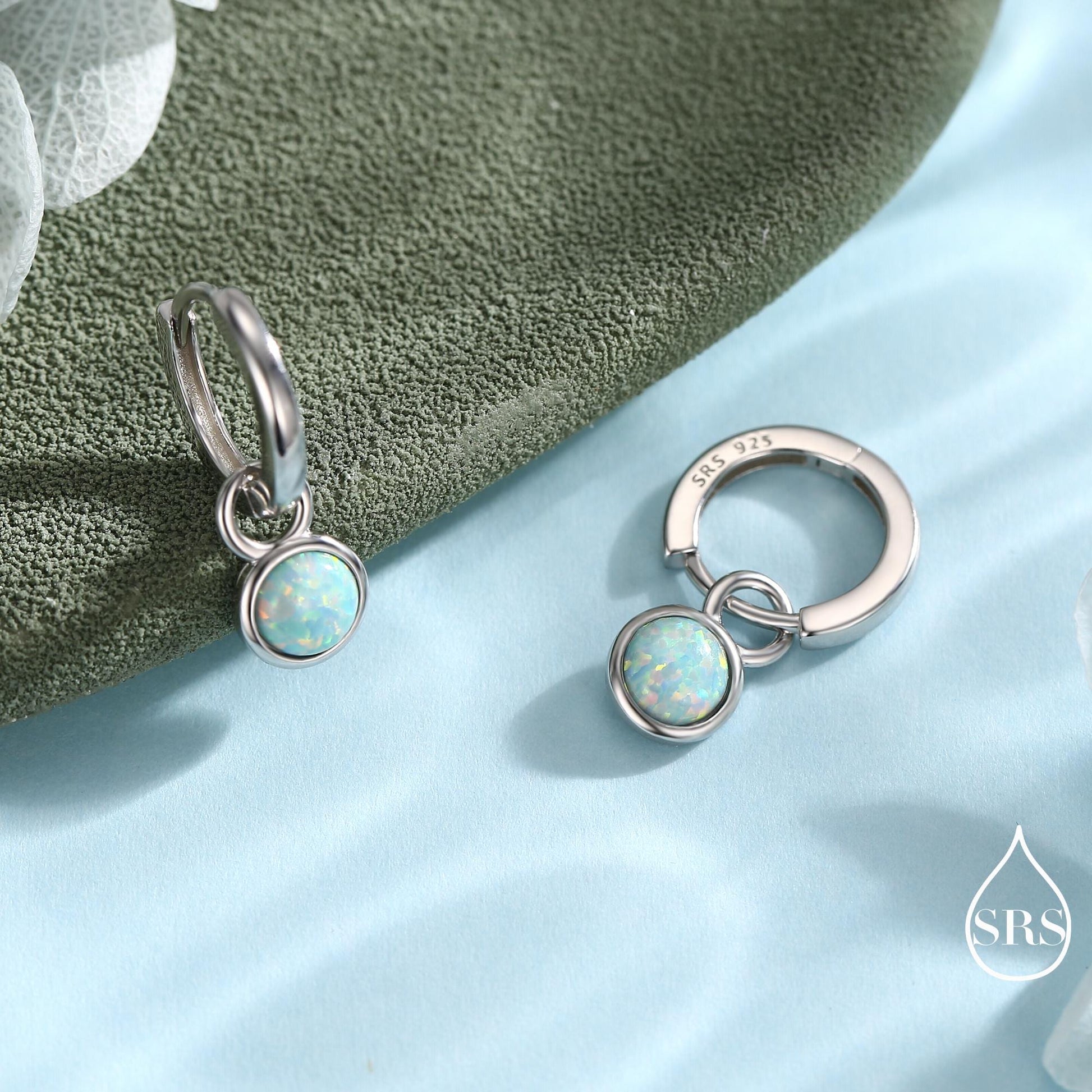 Sterling Silver Dangling Green Opal Hoop Earrings, Detachable Fire Opal Charm Dangle Hoop Earrings, Silver or Gold, Interchangeable