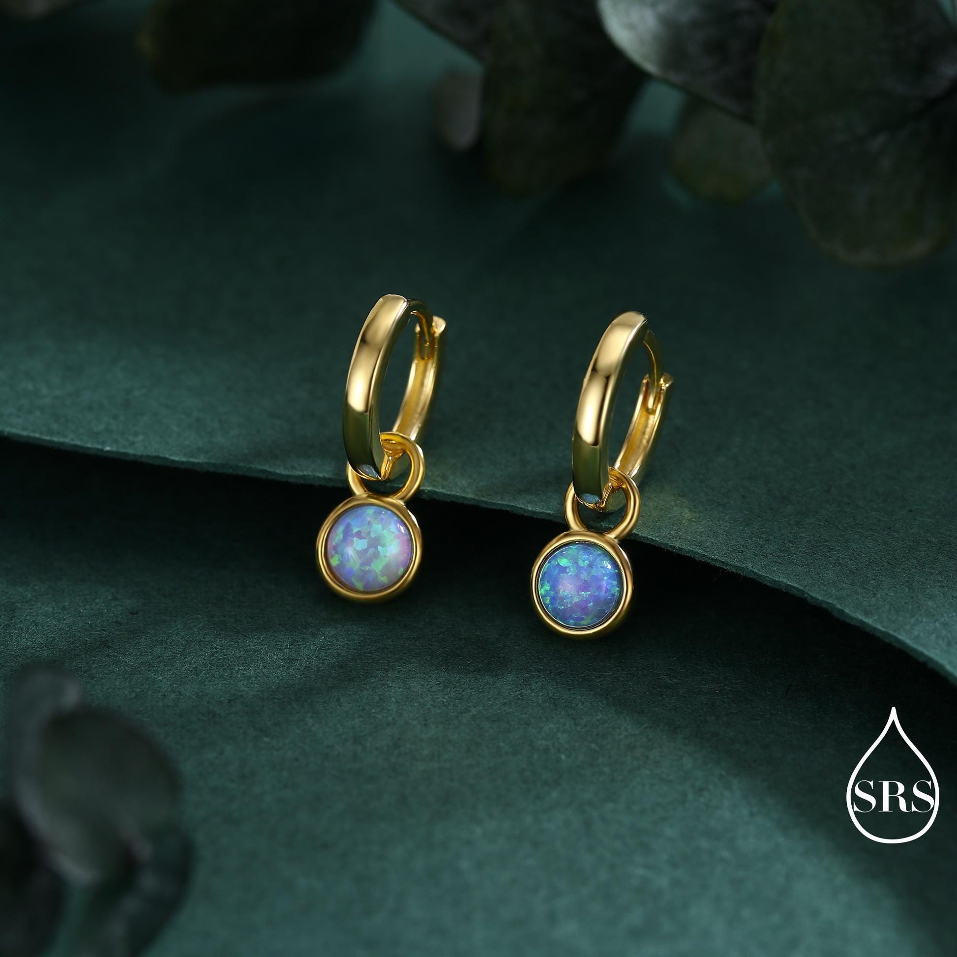 Sterling Silver Dangling Blue Opal Hoop Earrings, Detachable Charm Dangle Hoop Earrings, Silver or Gold, Interchangeable