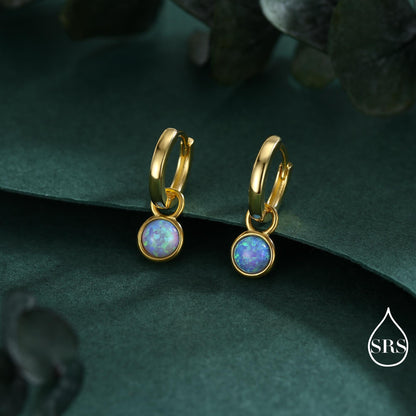 Sterling Silver Dangling Blue Opal Hoop Earrings, Detachable Charm Dangle Hoop Earrings, Silver or Gold, Interchangeable