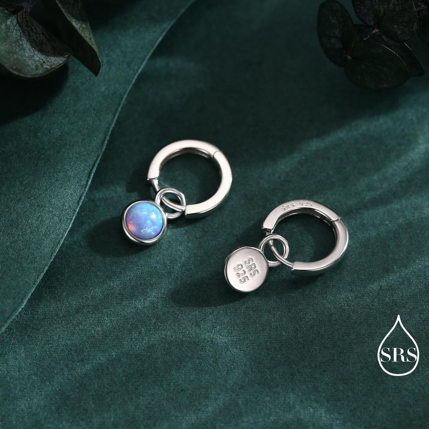 Sterling Silver Dangling Blue Opal Hoop Earrings, Detachable Charm Dangle Hoop Earrings, Silver or Gold, Interchangeable