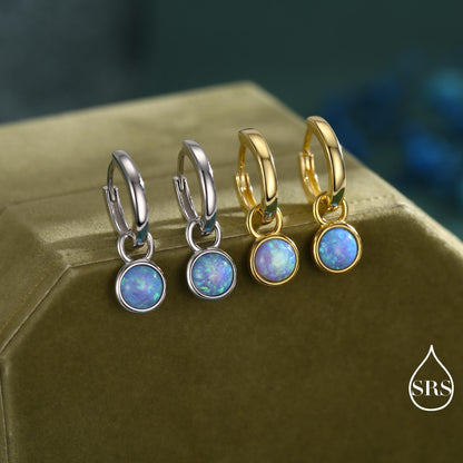 Sterling Silver Dangling Blue Opal Hoop Earrings, Detachable Charm Dangle Hoop Earrings, Silver or Gold, Interchangeable