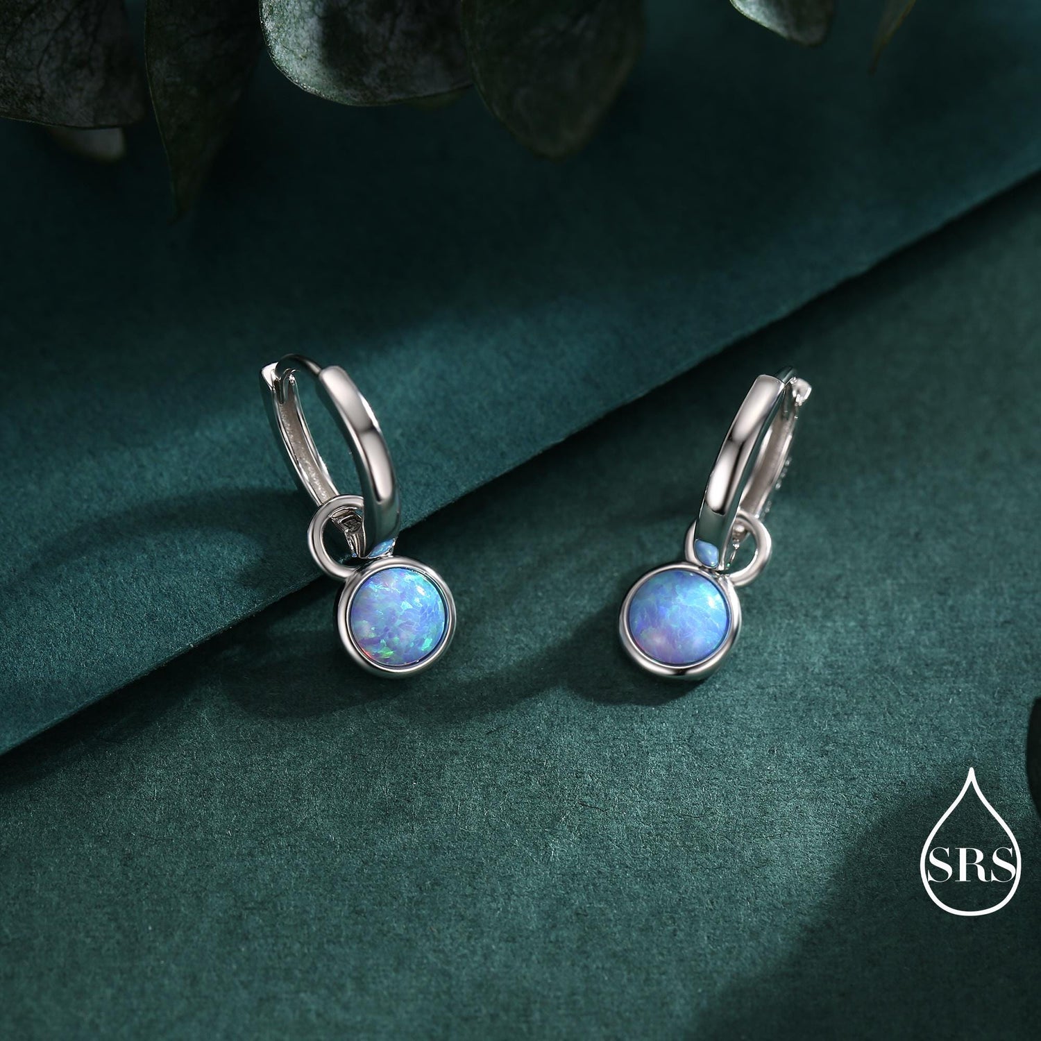 Sterling Silver Dangling Blue Opal Hoop Earrings, Detachable Charm Dangle Hoop Earrings, Silver or Gold, Interchangeable