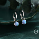Sterling Silver Dangling Blue Opal Hoop Earrings, Detachable Charm Dangle Hoop Earrings, Silver or Gold, Interchangeable