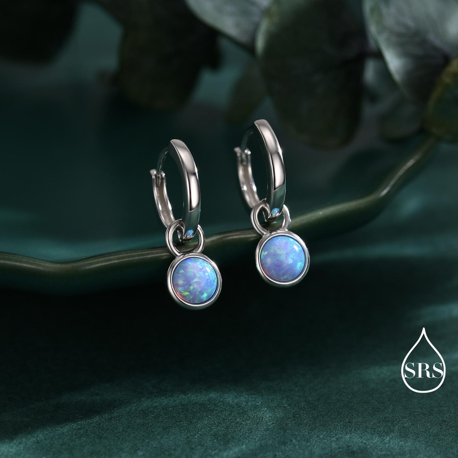 Sterling Silver Dangling Blue Opal Hoop Earrings, Detachable Charm Dangle Hoop Earrings, Silver or Gold, Interchangeable