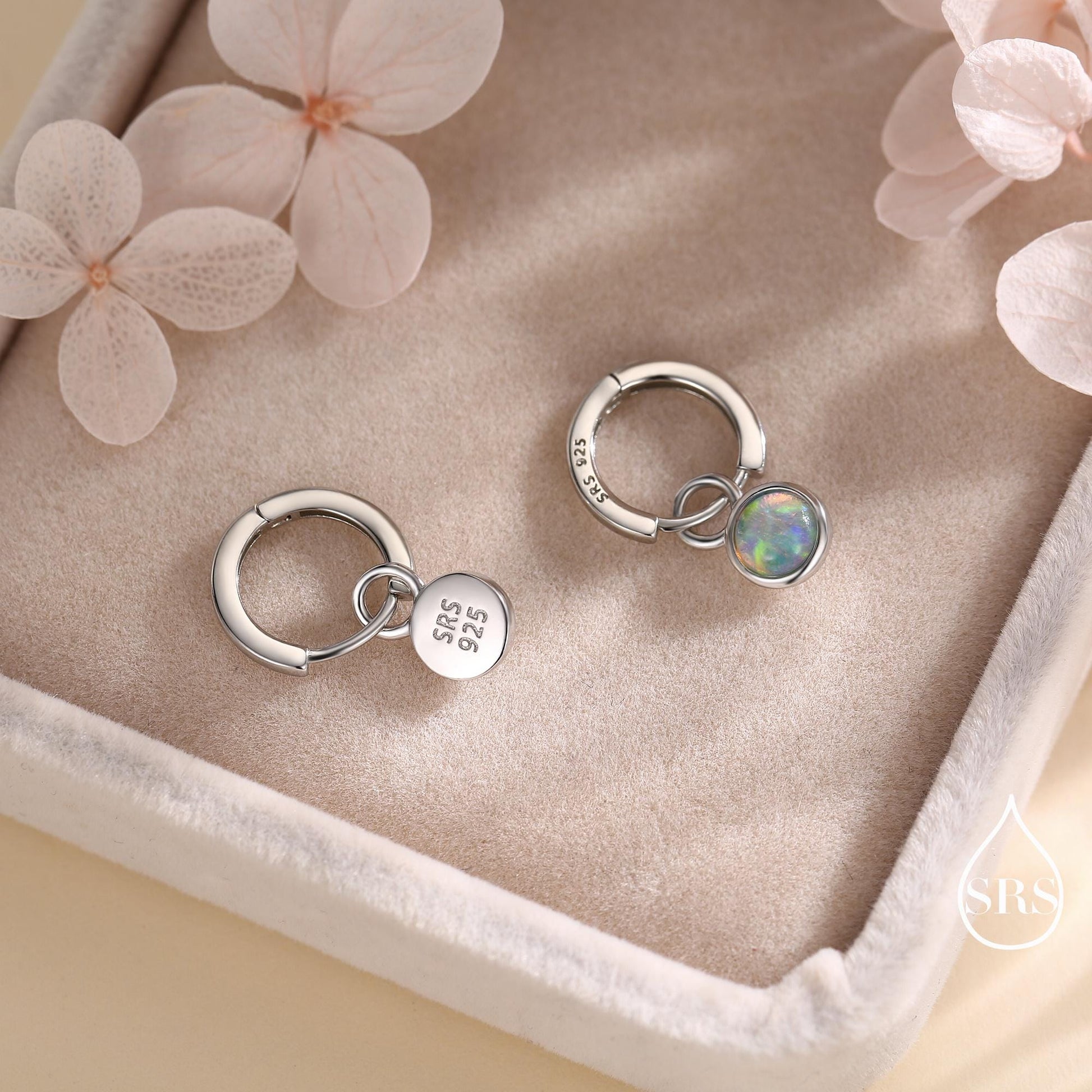 Sterling Silver Dangling Opal Hoop Earrings, Detachable Charm Dangle Hoop Earrings, Silver, Gold or Rose Gold, Interchangeable