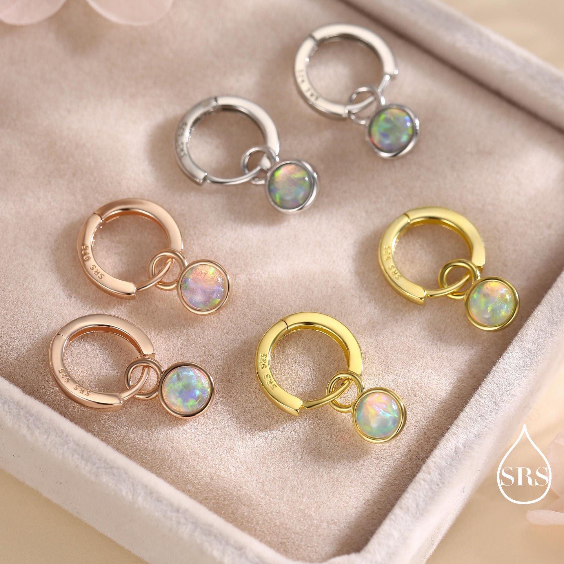 Sterling Silver Dangling Opal Hoop Earrings, Detachable Charm Dangle Hoop Earrings, Silver, Gold or Rose Gold, Interchangeable