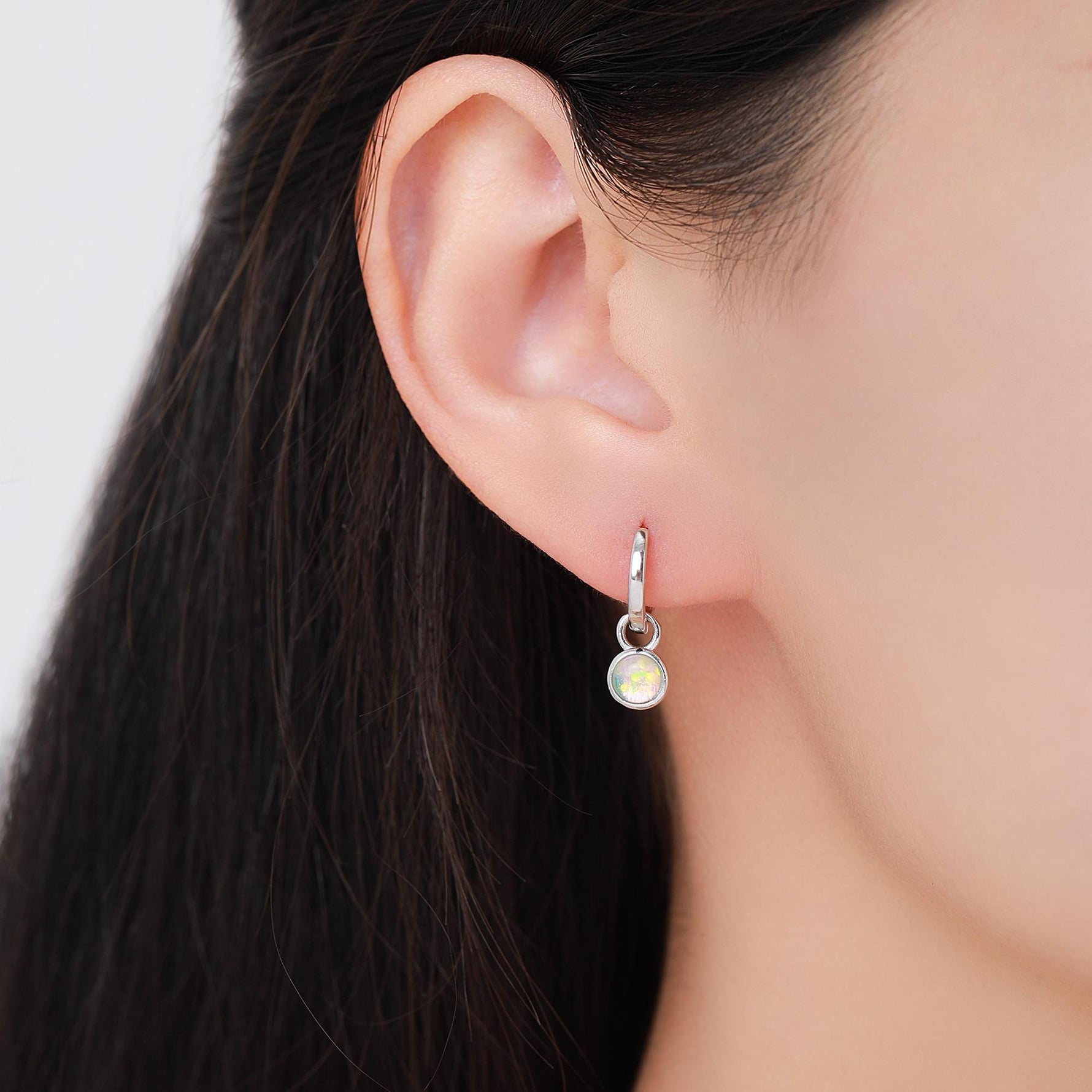 Sterling Silver Dangling Opal Hoop Earrings, Detachable Charm Dangle Hoop Earrings, Silver, Gold or Rose Gold, Interchangeable