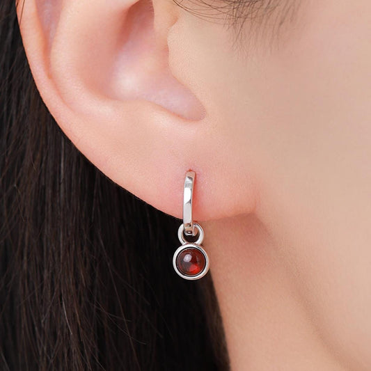 Sterling Silver Dangling Red Garnet Hoop Earrings, Detachable Genuine Garnet Coin Dangle Hoop Earrings, Silver, Interchangeable