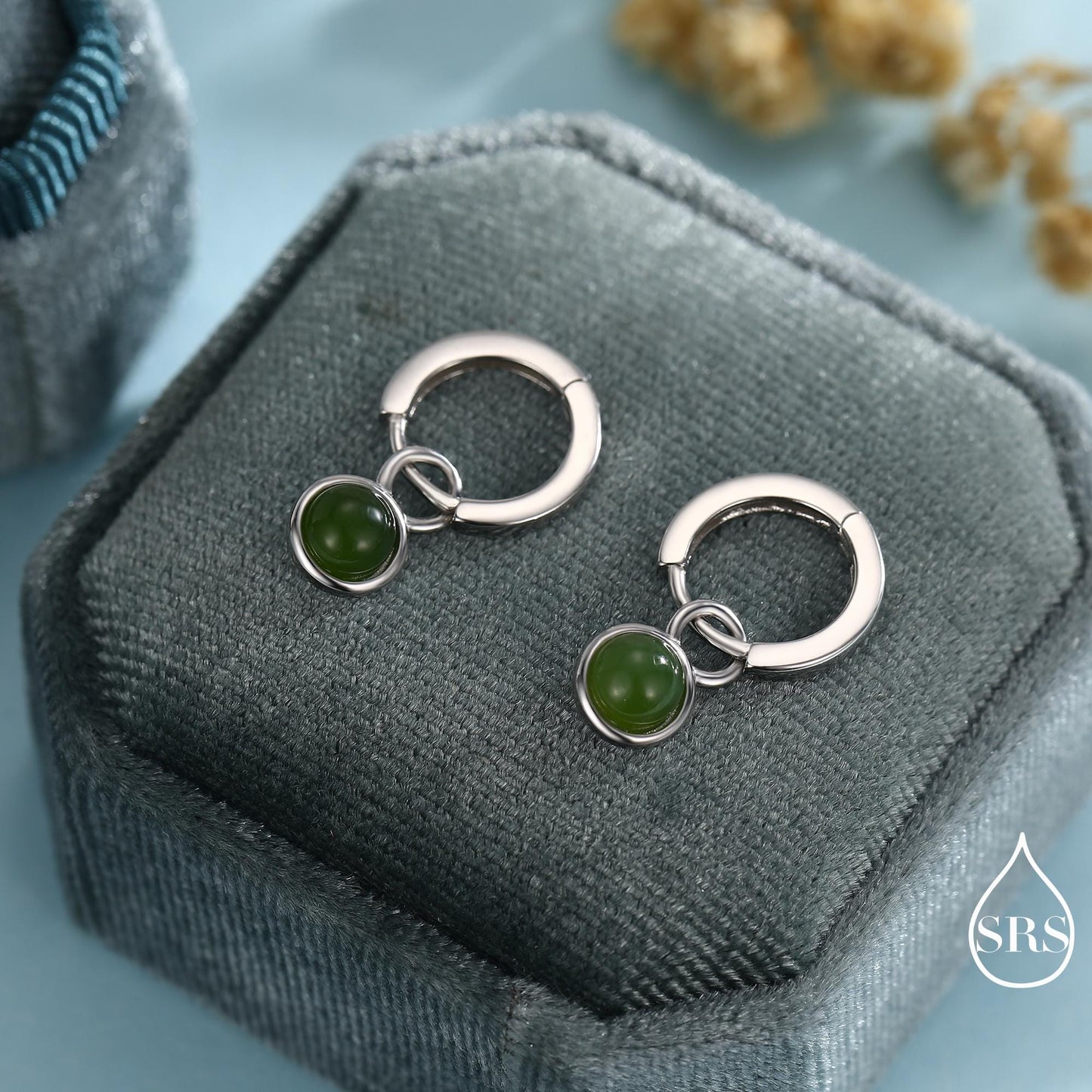 Sterling Silver Dangling Jade Hoop Earrings, Detachable Genuine Green Jade Coin Charm Dangle Hoop Earrings, Silver or Gold, Interchangeable