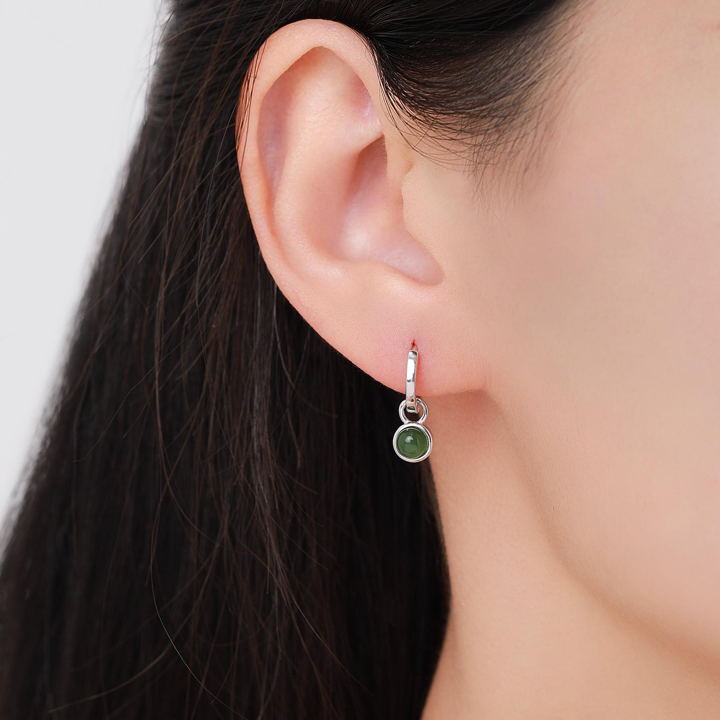 Sterling Silver Dangling Jade Hoop Earrings, Detachable Genuine Green Jade Coin Charm Dangle Hoop Earrings, Silver or Gold, Interchangeable