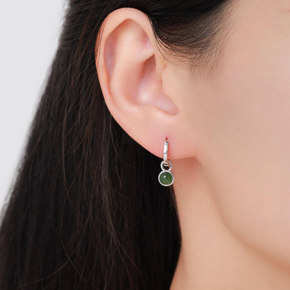 Sterling Silver Dangling Jade Hoop Earrings, Detachable Genuine Green Jade Coin Charm Dangle Hoop Earrings, Silver or Gold, Interchangeable