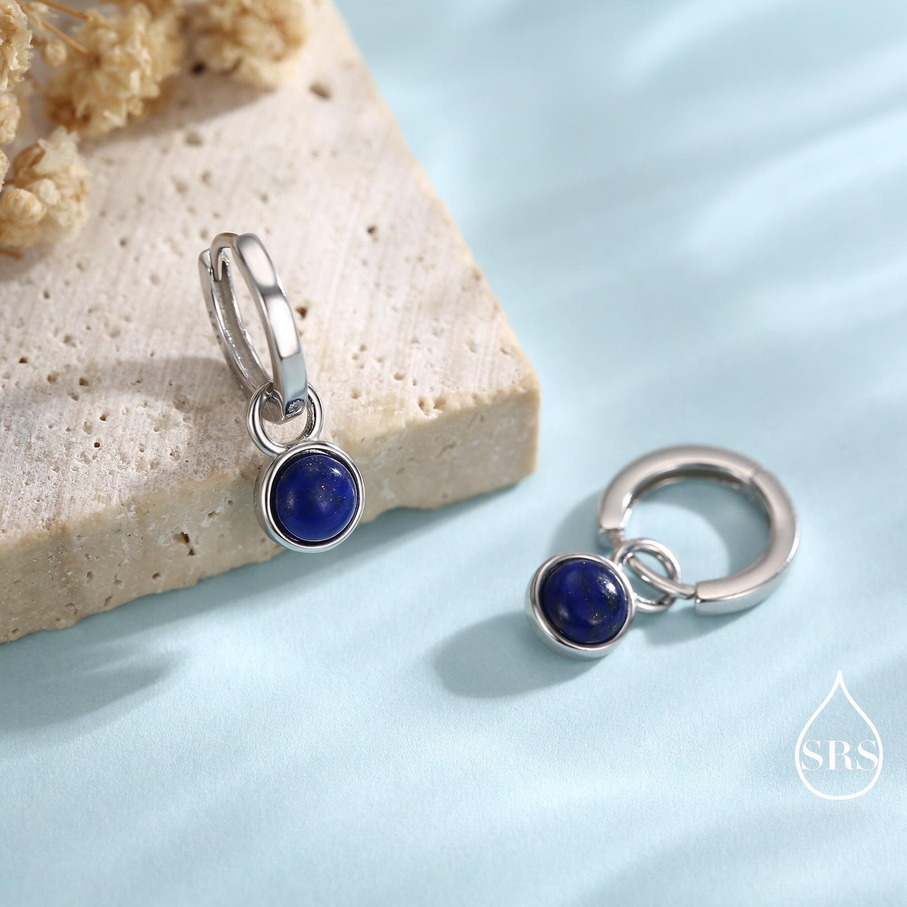 Sterling Silver Dangling Lapis Lazuli Hoop Earrings, Detachable Blue Lapis Coin Dangle Hoop Earrings, Interchangeable