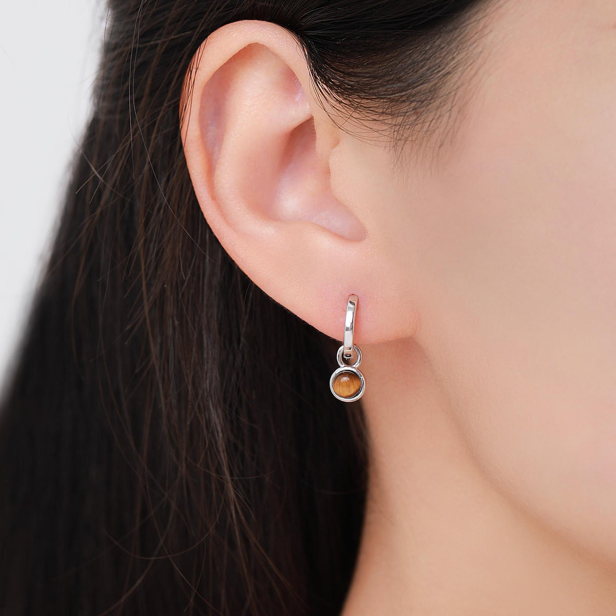 Sterling Silver Dangling Tiger's Eye Hoop Earrings, Detachable Tiger's Eye Coin Dangle Hoop Earrings, Interchangeable