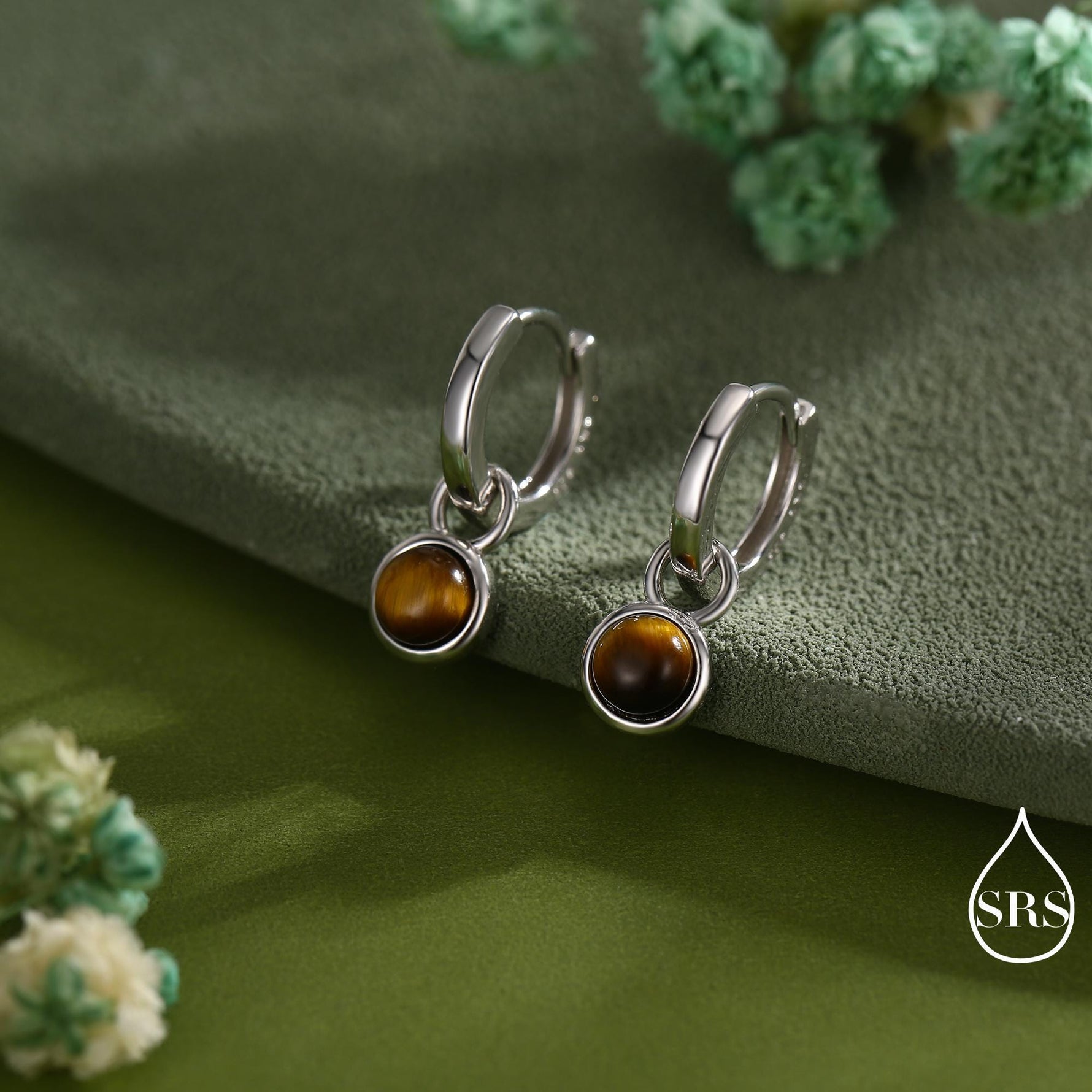 Sterling Silver Dangling Tiger's Eye Hoop Earrings, Detachable Tiger's Eye Coin Dangle Hoop Earrings, Interchangeable