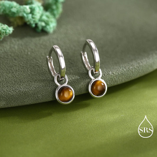 Sterling Silver Dangling Tiger's Eye Hoop Earrings, Detachable Tiger's Eye Coin Dangle Hoop Earrings, Interchangeable
