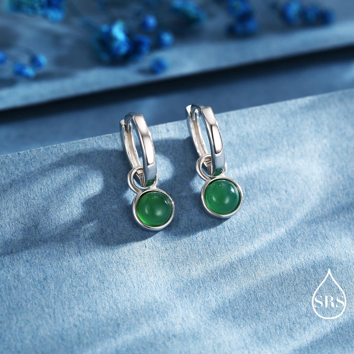 Sterling Silver Dangling Green Onyx Hoop Earrings, Detachable Green Onyx Coin Dangle Hoop Earrings, Silver, Interchangeable