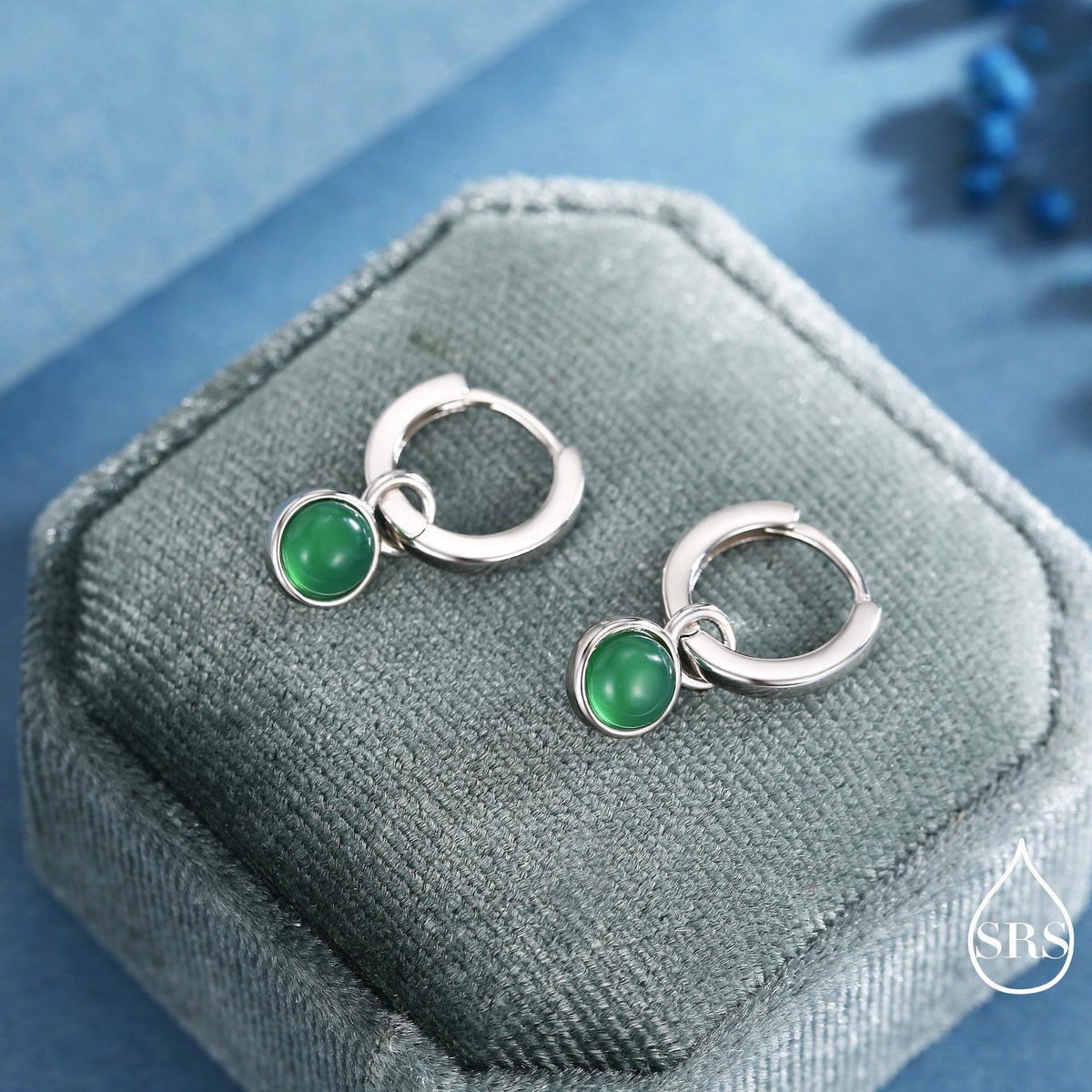 Sterling Silver Dangling Green Onyx Hoop Earrings, Detachable Green Onyx Coin Dangle Hoop Earrings, Silver, Interchangeable