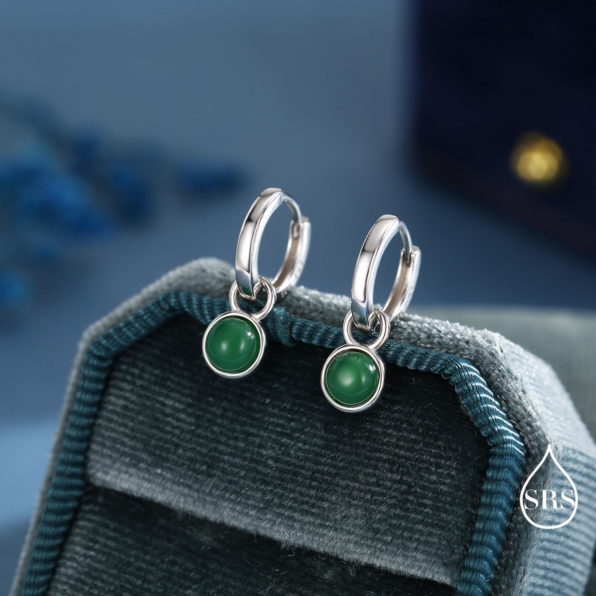 Sterling Silver Dangling Green Onyx Hoop Earrings, Detachable Green Onyx Coin Dangle Hoop Earrings, Silver or Gold, Interchangeable