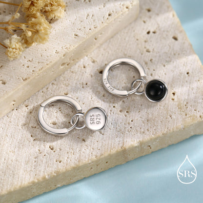 Sterling Silver Dangling Black Onyx Hoop Earrings, Detachable Black Onyx Coin Dangle Hoop Earrings, Silver or Gold, Interchangeable