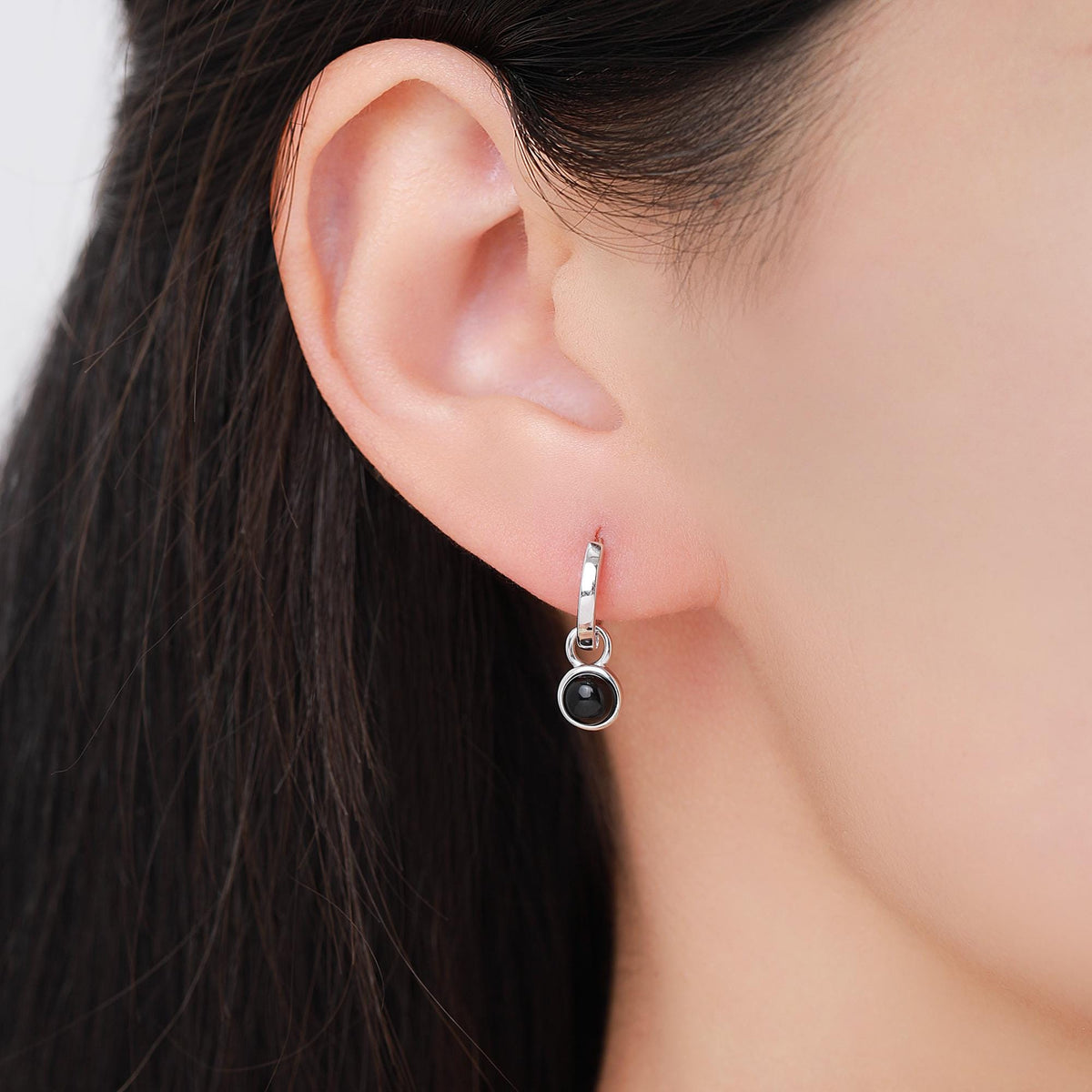 Sterling Silver Dangling Black Onyx Hoop Earrings, Detachable Black Onyx Coin Dangle Hoop Earrings, Silver or Gold, Interchangeable