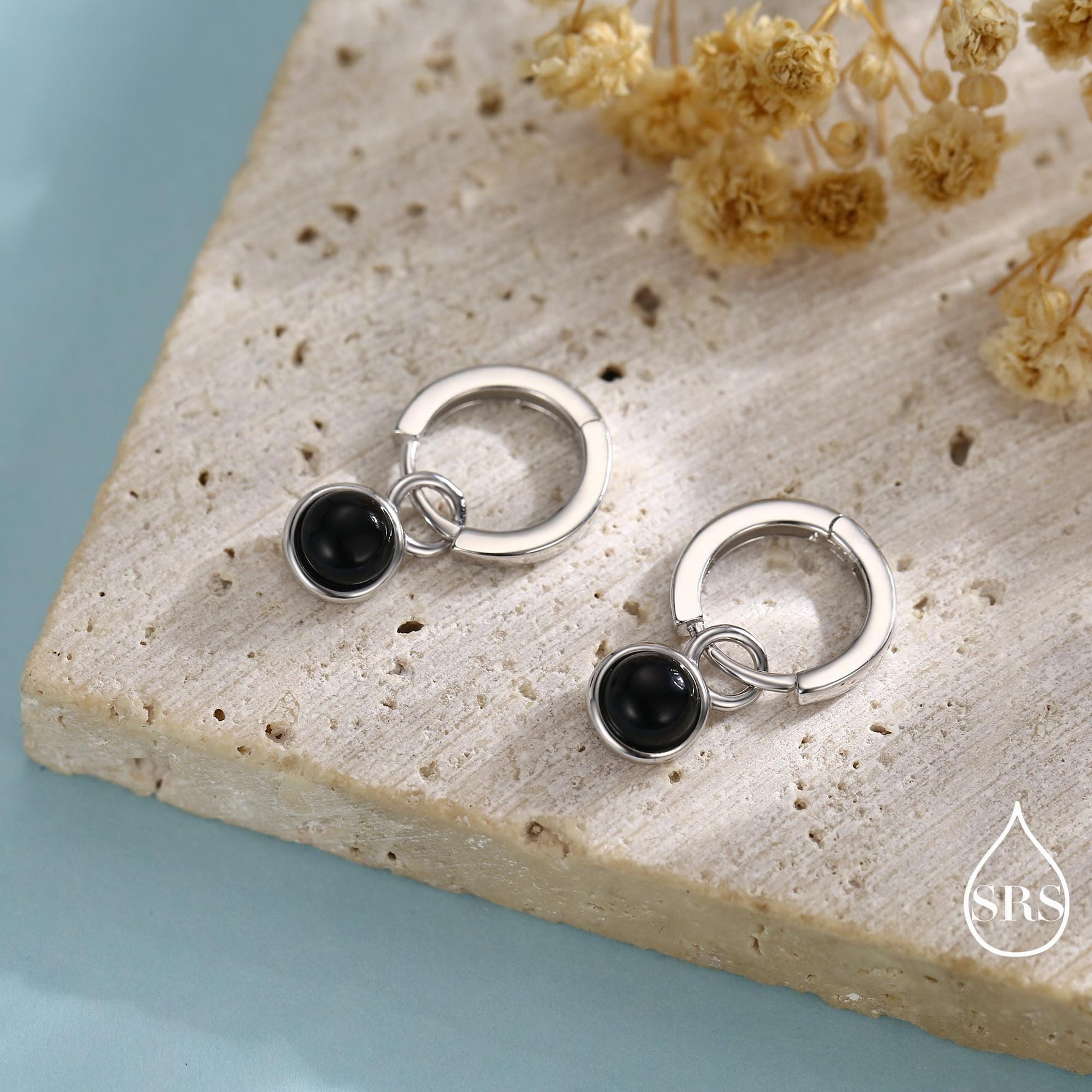 Sterling Silver Dangling Black Onyx Hoop Earrings, Detachable Black Onyx Coin Dangle Hoop Earrings, Silver or Gold, Interchangeable