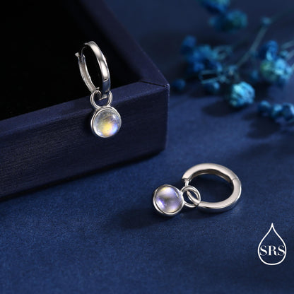 Dangle Moonstone Huggie Hoop in Sterling Silver, Simulated Moonstone, Minimalist Hoop Earrings, Detachable and Interchangeable