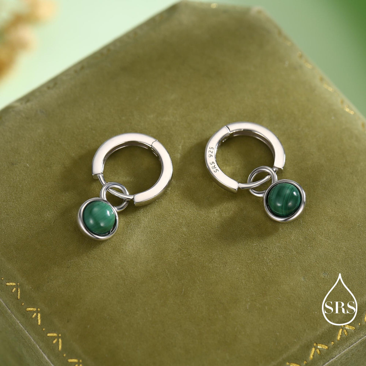 Sterling Silver Dangling Malachite Hoop Earrings, Detachable Green Malachite Coin Dangle Hoop Earrings, Silver or Gold, Interchangeable