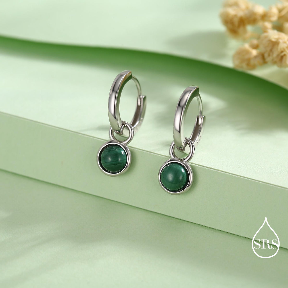 Sterling Silver Dangling Malachite Hoop Earrings, Detachable Green Malachite Coin Dangle Hoop Earrings, Silver or Gold, Interchangeable