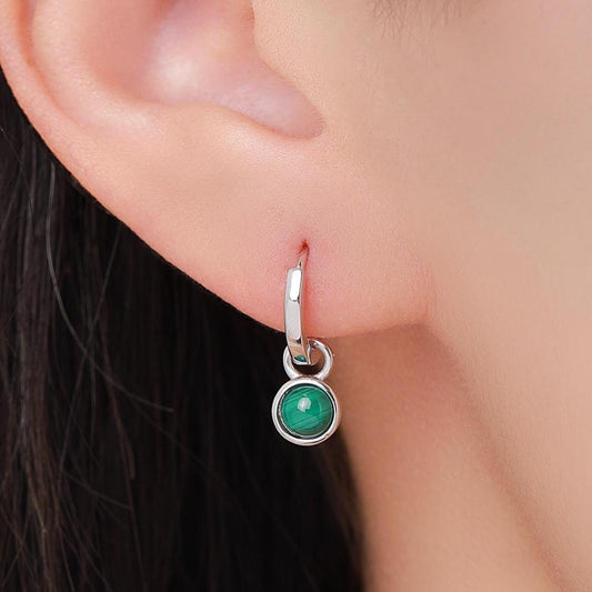 Sterling Silver Dangling Malachite Hoop Earrings, Detachable Green Malachite Coin Dangle Hoop Earrings, Silver or Gold, Interchangeable