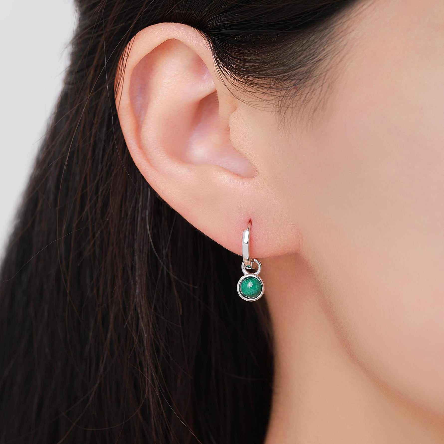 Sterling Silver Dangling Malachite Hoop Earrings, Detachable Green Malachite Coin Dangle Hoop Earrings, Silver or Gold, Interchangeable