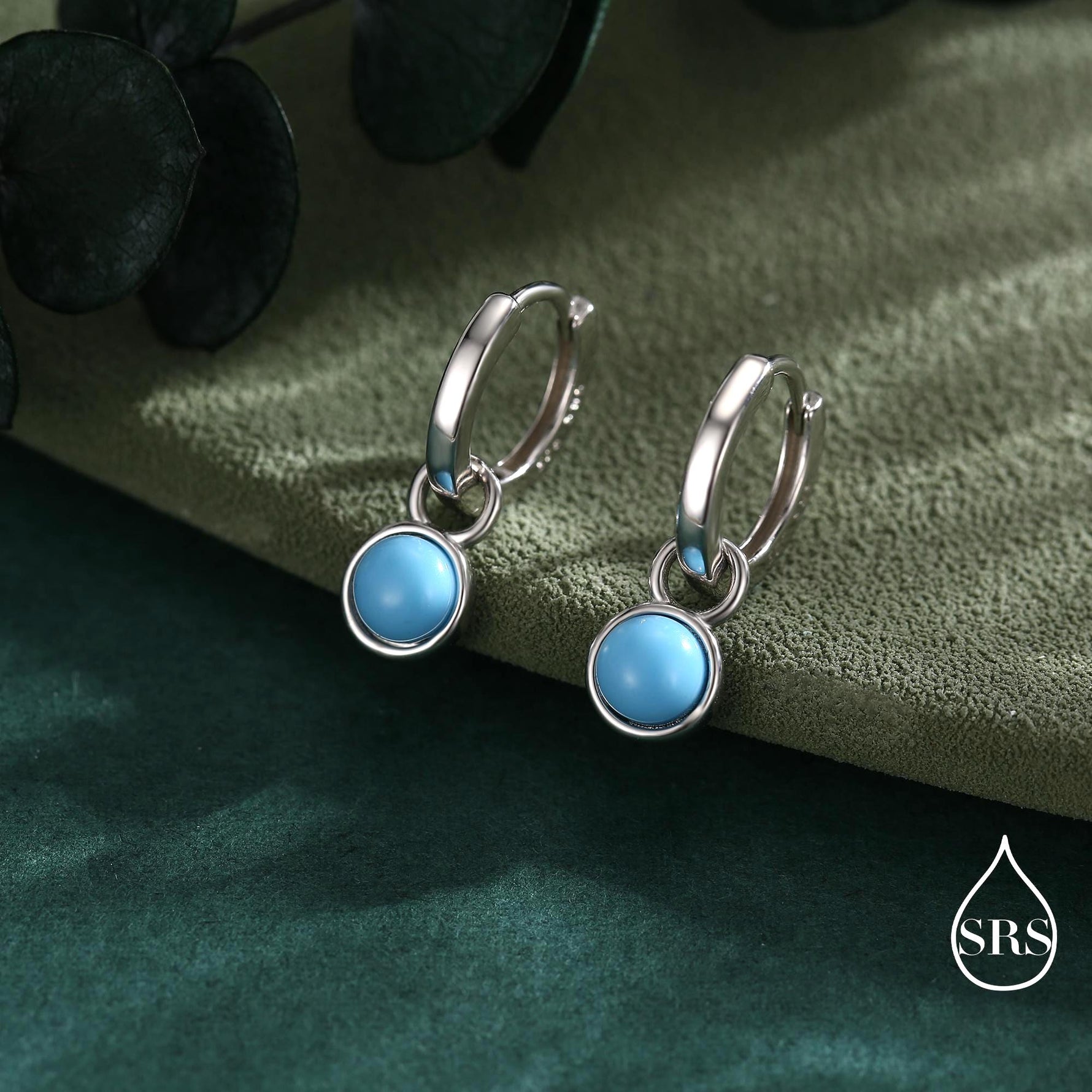 Sterling Silver Dangling Blue Turquoise Hoop Earrings, Detachable Turquoise Coin Dangle Hoop Earrings, Silver or Gold, Interchangeable