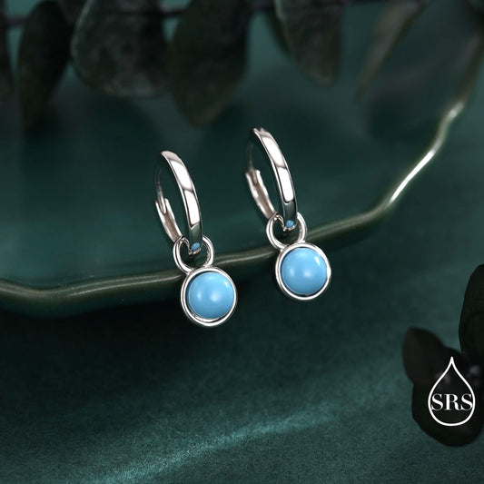 Sterling Silver Dangling Blue Turquoise Hoop Earrings, Detachable Turquoise Coin Dangle Hoop Earrings, Silver or Gold, Interchangeable
