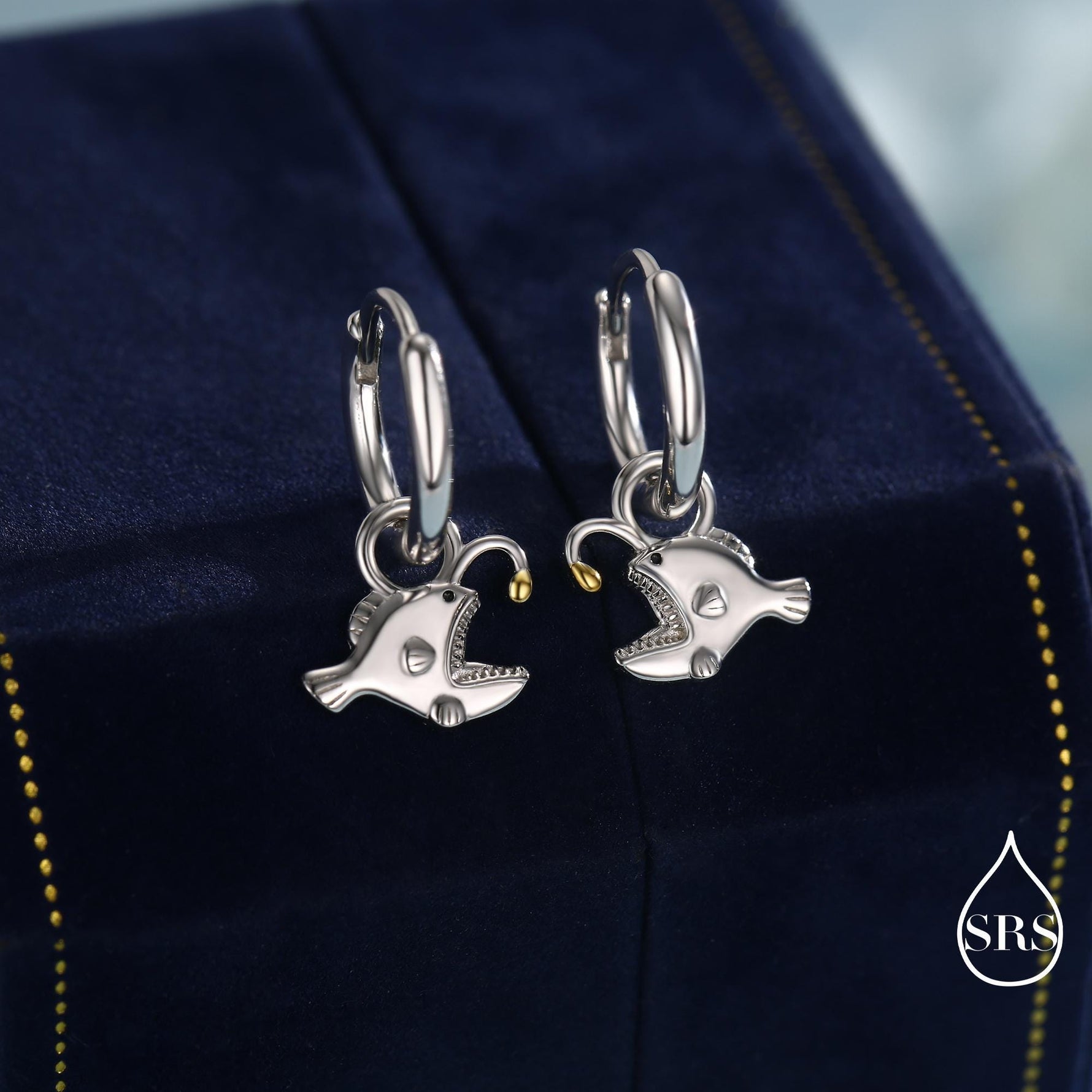 Sterling Silver Anglerfish Hoop Earrings – Polished Finish with Gold Accents, Angler Fish Earrings, Lantern Fish Hoops, Detachable Charms