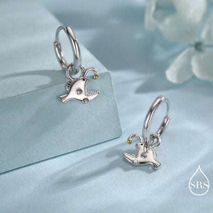 Sterling Silver Anglerfish Hoop Earrings – Polished Finish with Gold Accents, Angler Fish Earrings, Lantern Fish Hoops, Detachable Charms