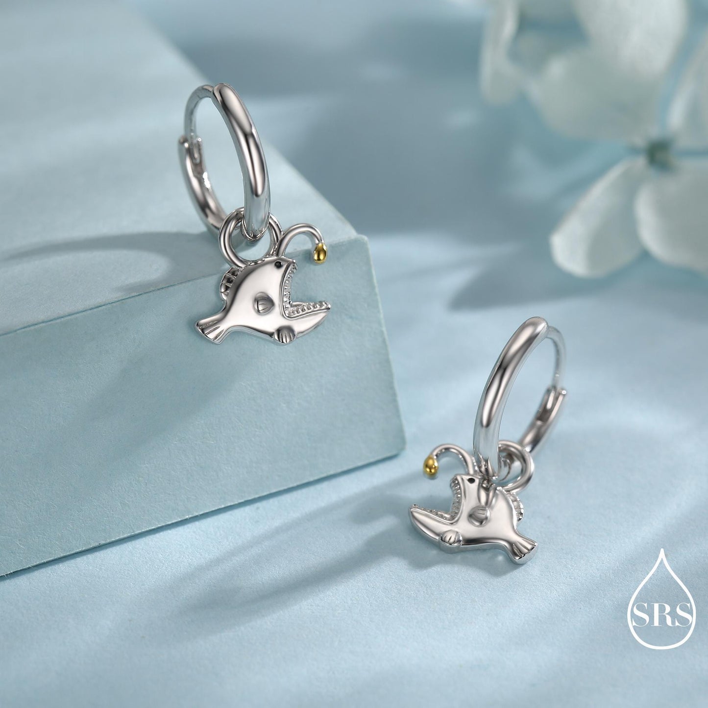 Sterling Silver Anglerfish Hoop Earrings – Polished Finish with Gold Accents, Angler Fish Earrings, Lantern Fish Hoops, Detachable Charms