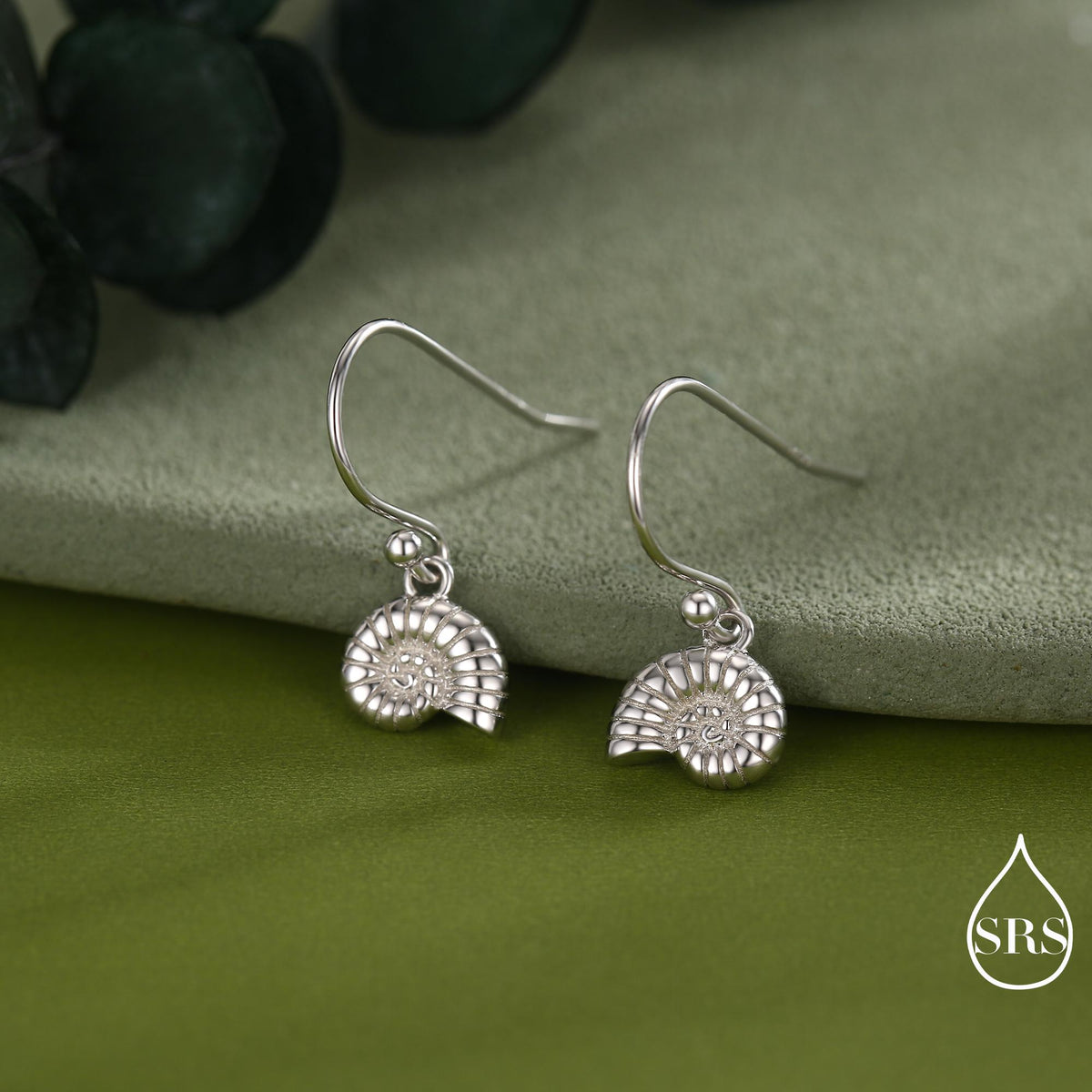 Sterling Silver Ammonite Shell Dangle Earrings – Polished Nautilus-Inspired Design - Silver, Gold or Rose Gold Finish