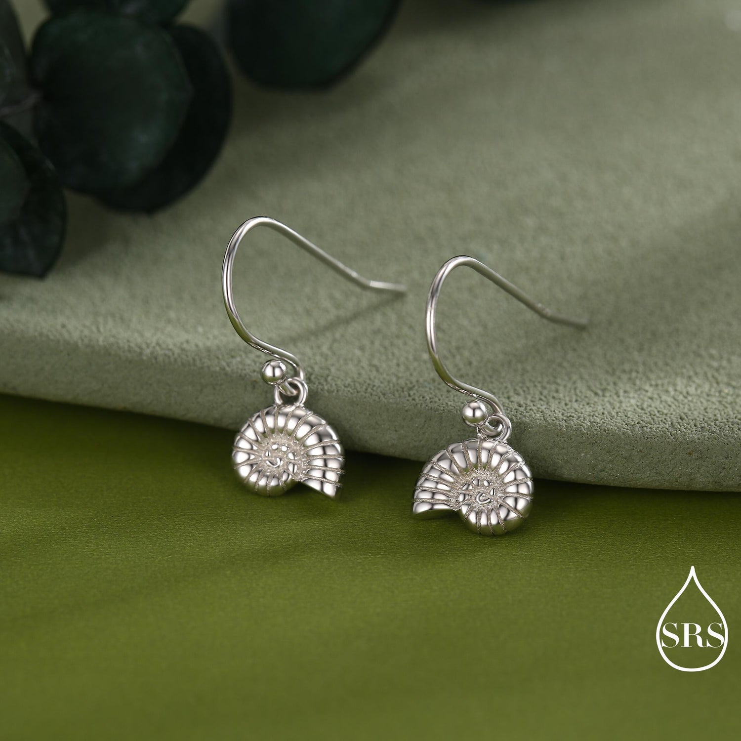 Sterling Silver Ammonite Shell Dangle Earrings – Polished Nautilus-Inspired Design - Silver, Gold or Rose Gold Finish