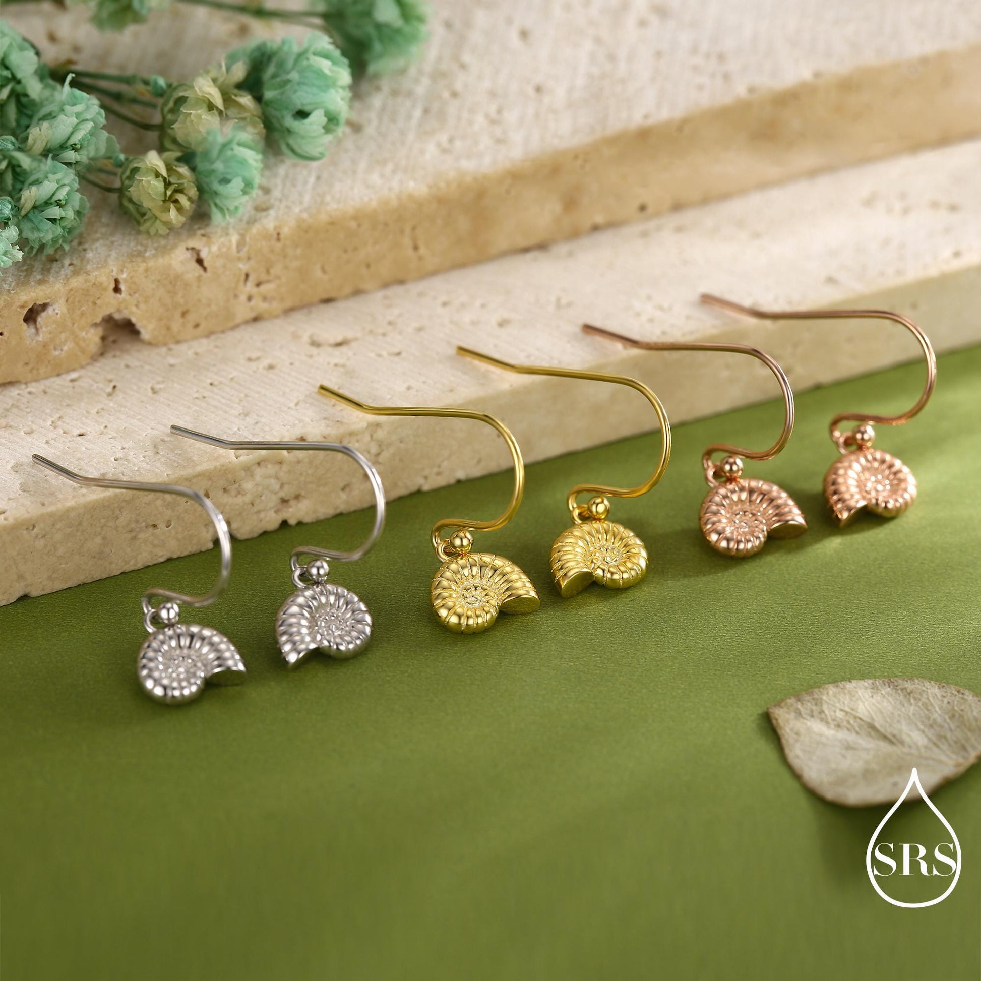 Sterling Silver Ammonite Shell Dangle Earrings – Polished Nautilus-Inspired Design - Silver, Gold or Rose Gold Finish