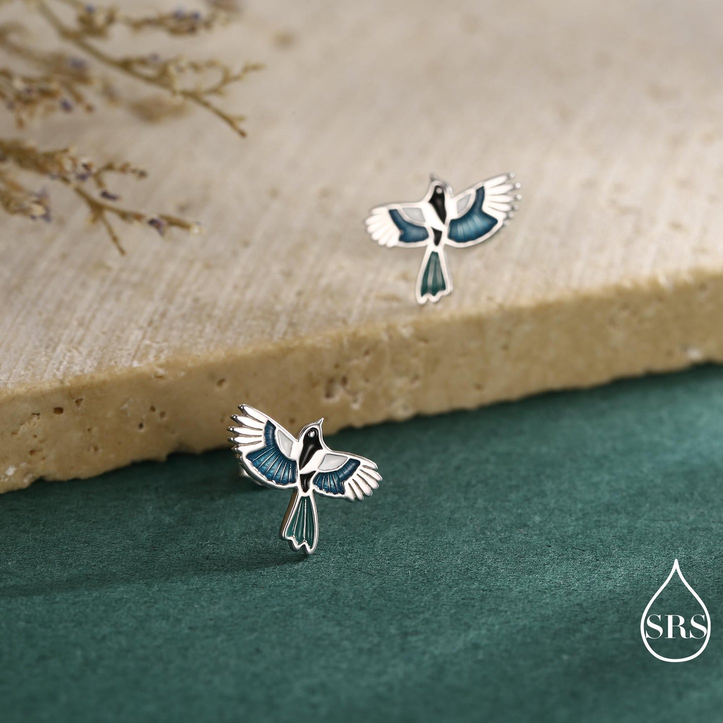 Magpie Bird Stud Earrings in Sterling Silver with Enamel Glaze, Flying Magpie Bird Earrings, Nature Inspired Animal Earrings, Magpie Stud