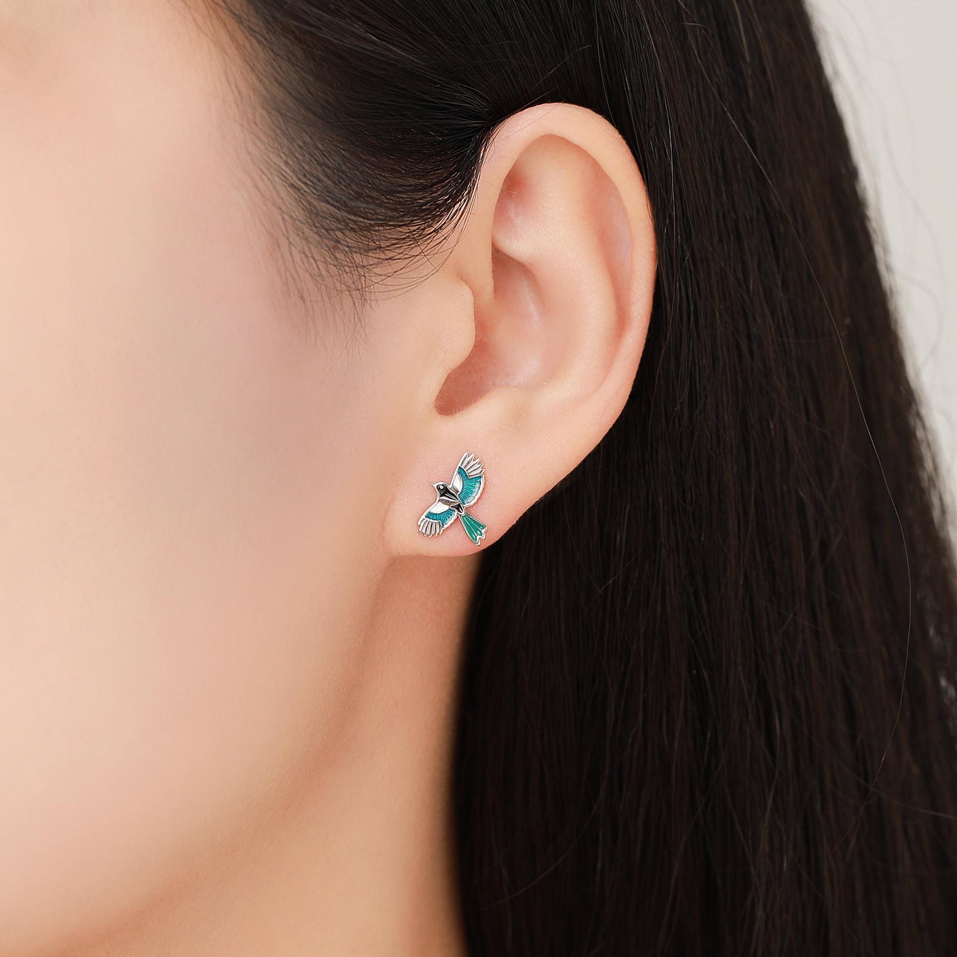 Magpie Bird Stud Earrings in Sterling Silver with Enamel Glaze, Flying Magpie Bird Earrings, Nature Inspired Animal Earrings, Magpie Stud
