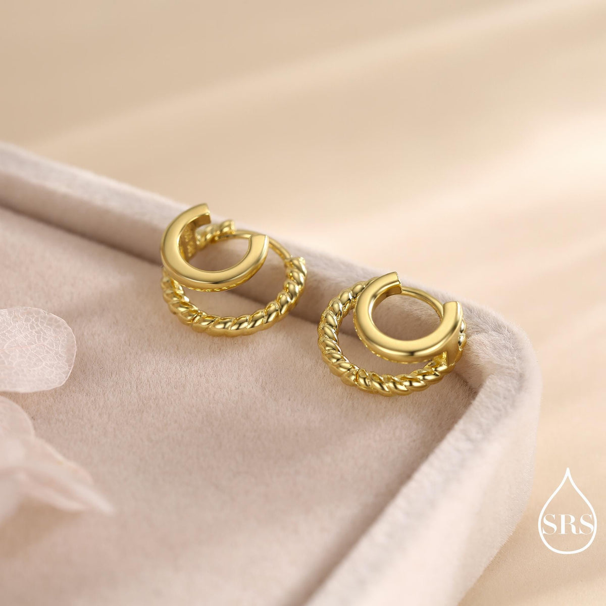 Single Piercing Double Hoop Effect Earrings in Sterling Silver, Braided Texture Hoop Earrings, Silver, Gold, Rose Gold, Dainty and Delicate
