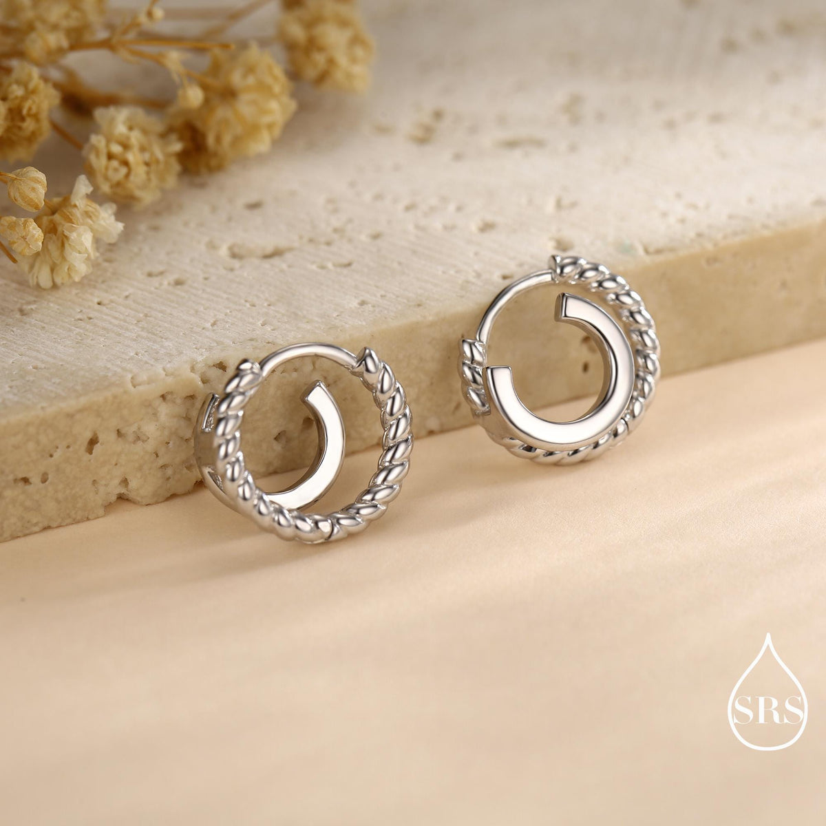 Single Piercing Double Hoop Effect Earrings in Sterling Silver, Braided Texture Hoop Earrings, Silver, Gold, Rose Gold, Dainty and Delicate