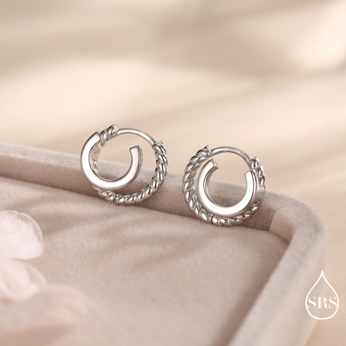 Single Piercing Double Hoop Effect Earrings in Sterling Silver, Braided Texture Hoop Earrings, Silver, Gold, Rose Gold, Dainty and Delicate