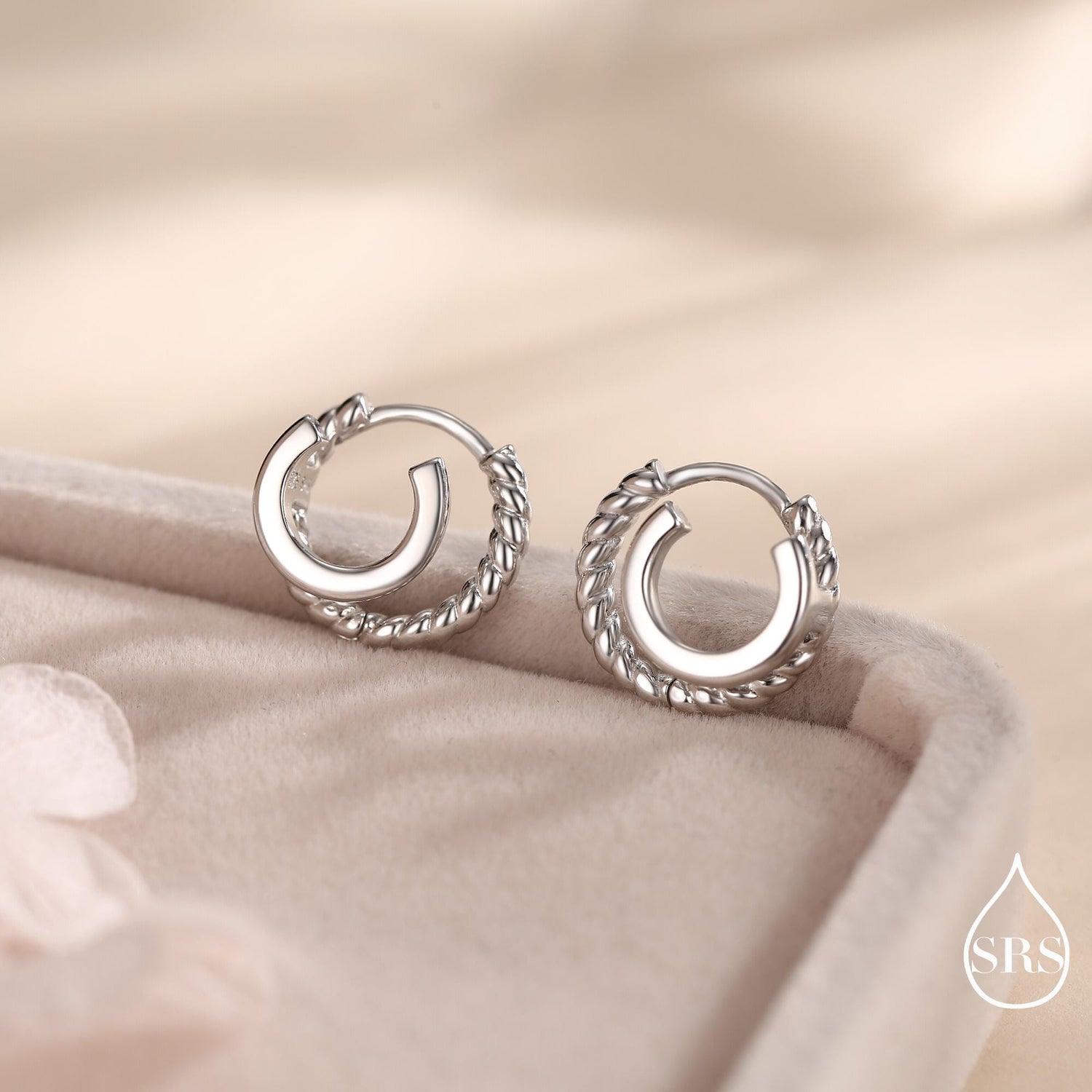 Single Piercing Double Hoop Effect Earrings in Sterling Silver, Braided Texture Hoop Earrings, Silver, Gold, Rose Gold, Dainty and Delicate