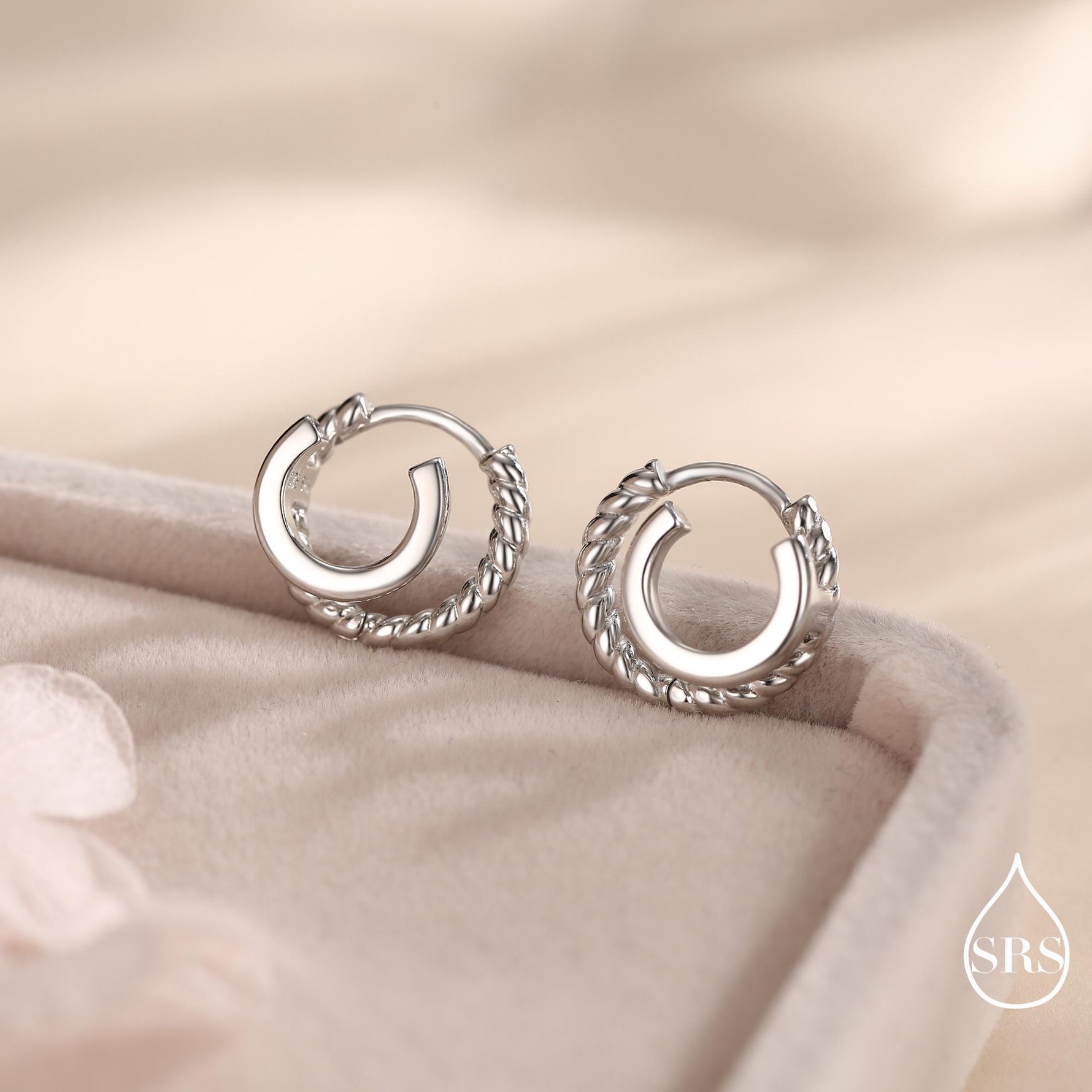 Single Piercing Double Hoop Effect Earrings in Sterling Silver, Braided Texture Hoop Earrings, Silver, Gold, Rose Gold, Dainty and Delicate