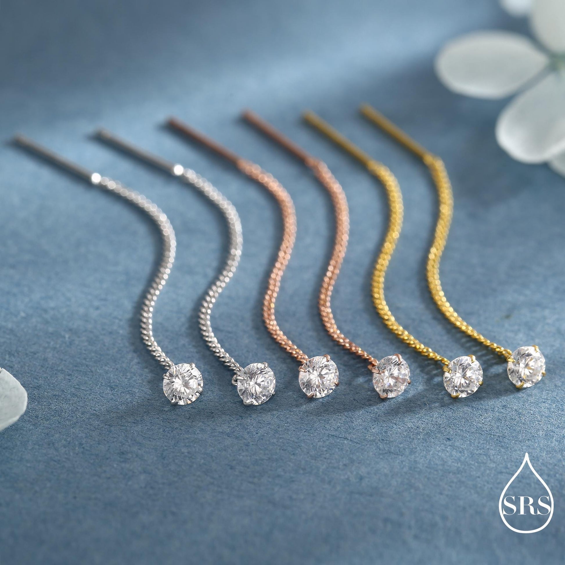 Minimalist CZ Threader Earrings in Sterling Silver, Silver or Gold or Rose Gold Finish, Thread Through Ear Threaders, CZ Earrings