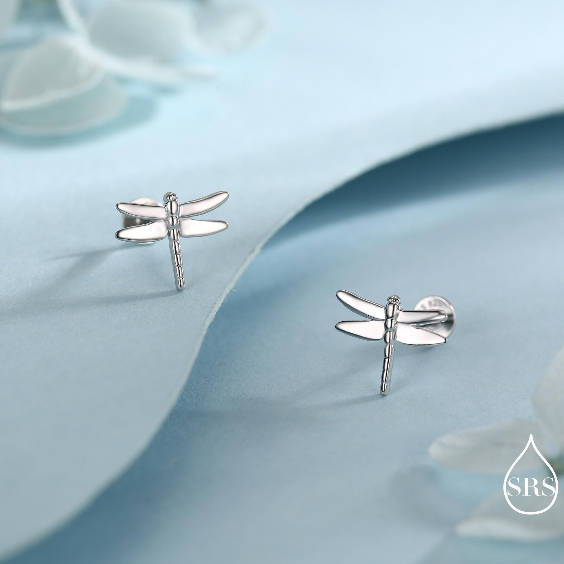 Dragonfly Screw Back / Flat Back / Stud Earrings in Sterling Silver, Cute Fun Quirky Animal Jewellery, Nature Inspired