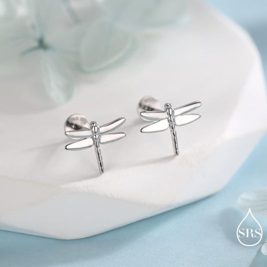 Internally Threaded Dragonfly Flat Back/ Screw Back / Stud Earrings in Sterling Silver, Cute Fun Quirky Animal Jewellery, Nature Inspired